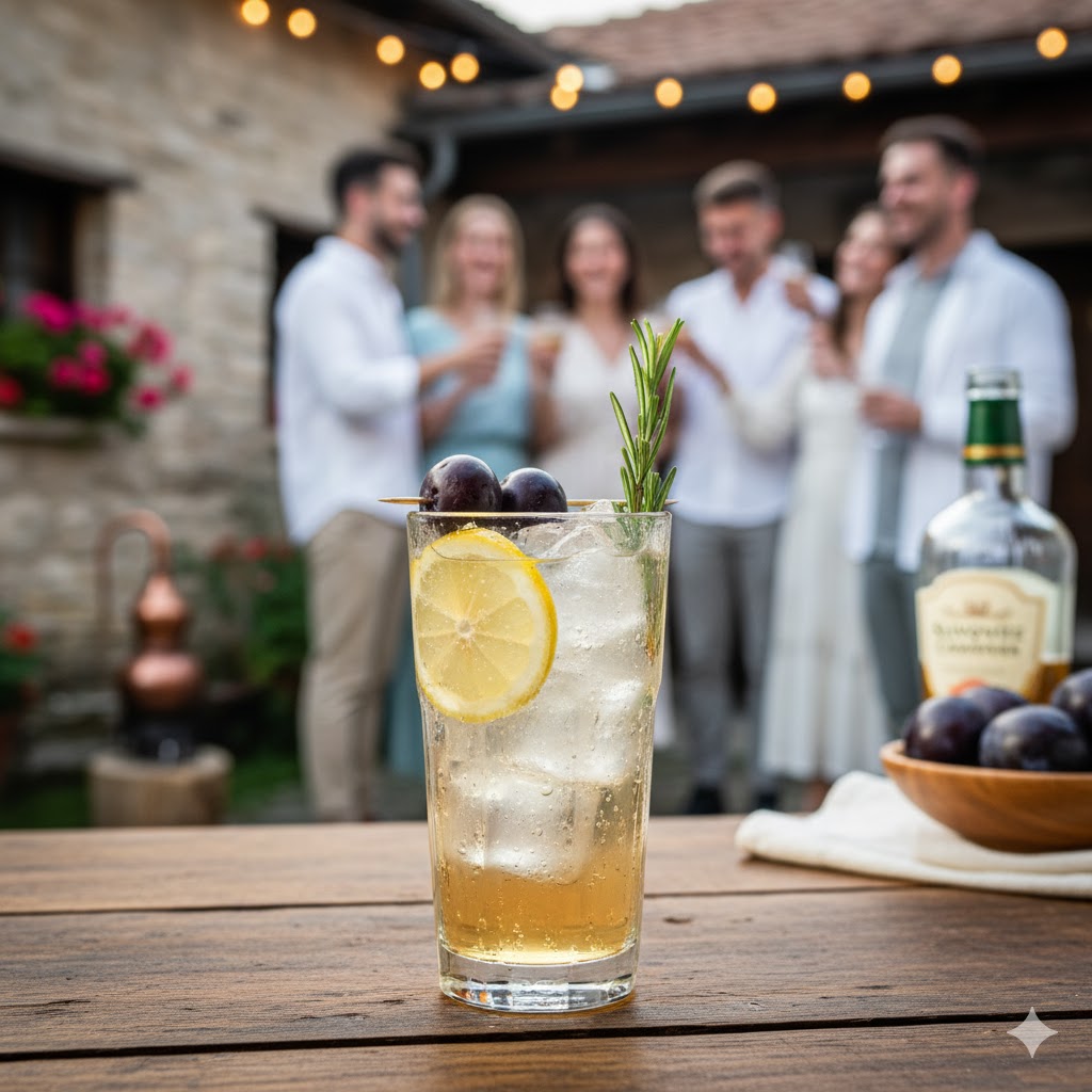 Slivovitz Collins en vaso largo con limón y soda