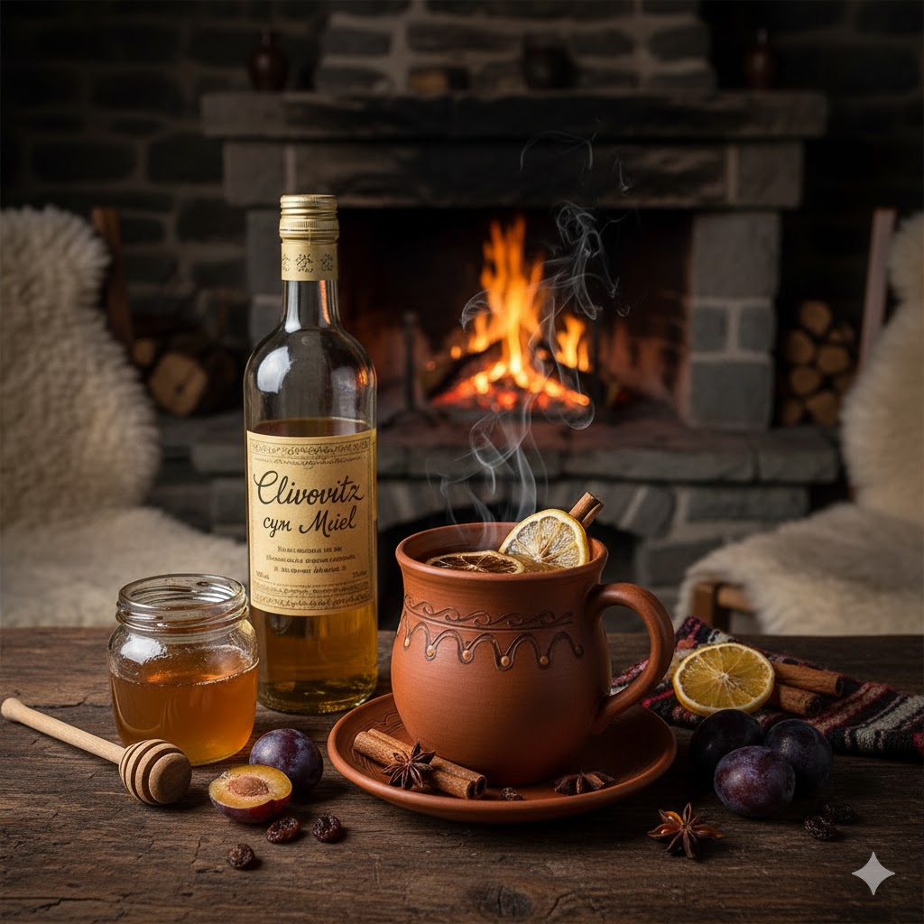 Taza con Slivovitz, miel y agua caliente