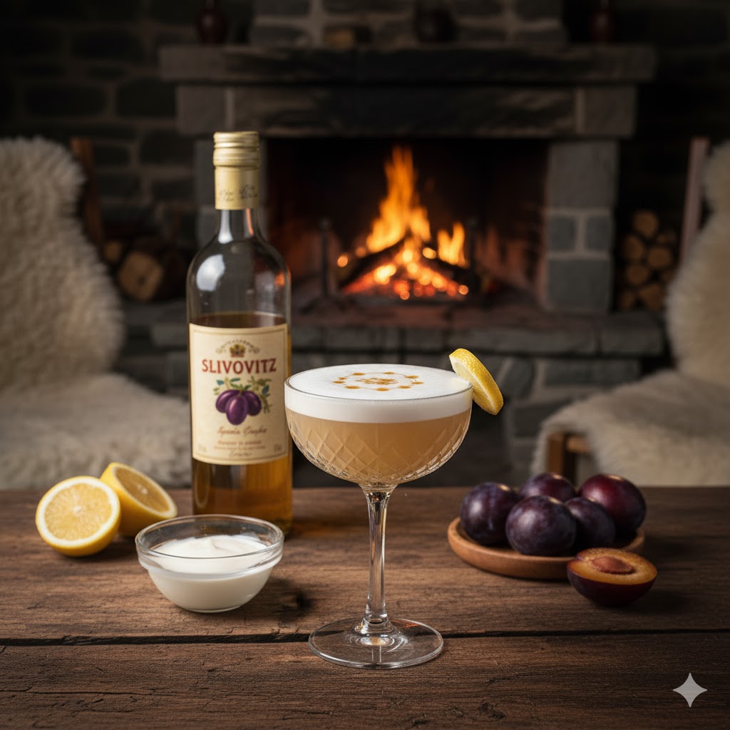 Cóctel Slivovitz Sour servido en copa baja con espuma