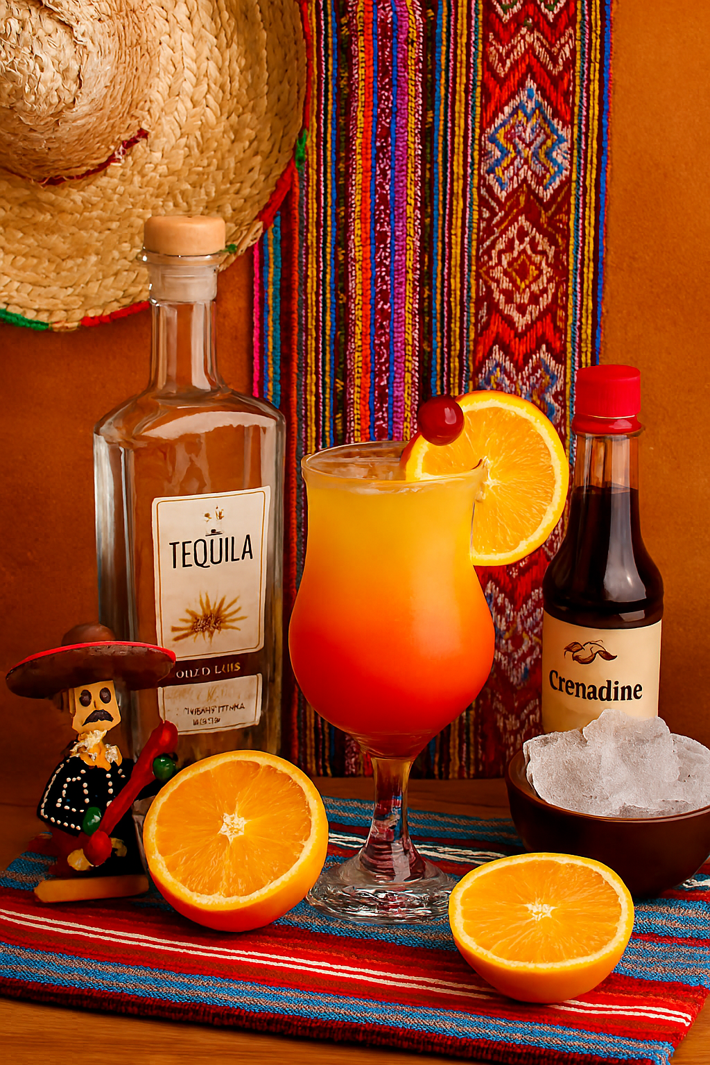 Ingredientes del Tequila Sunrise: tequila, jugo de naranja, granadina y hielo
