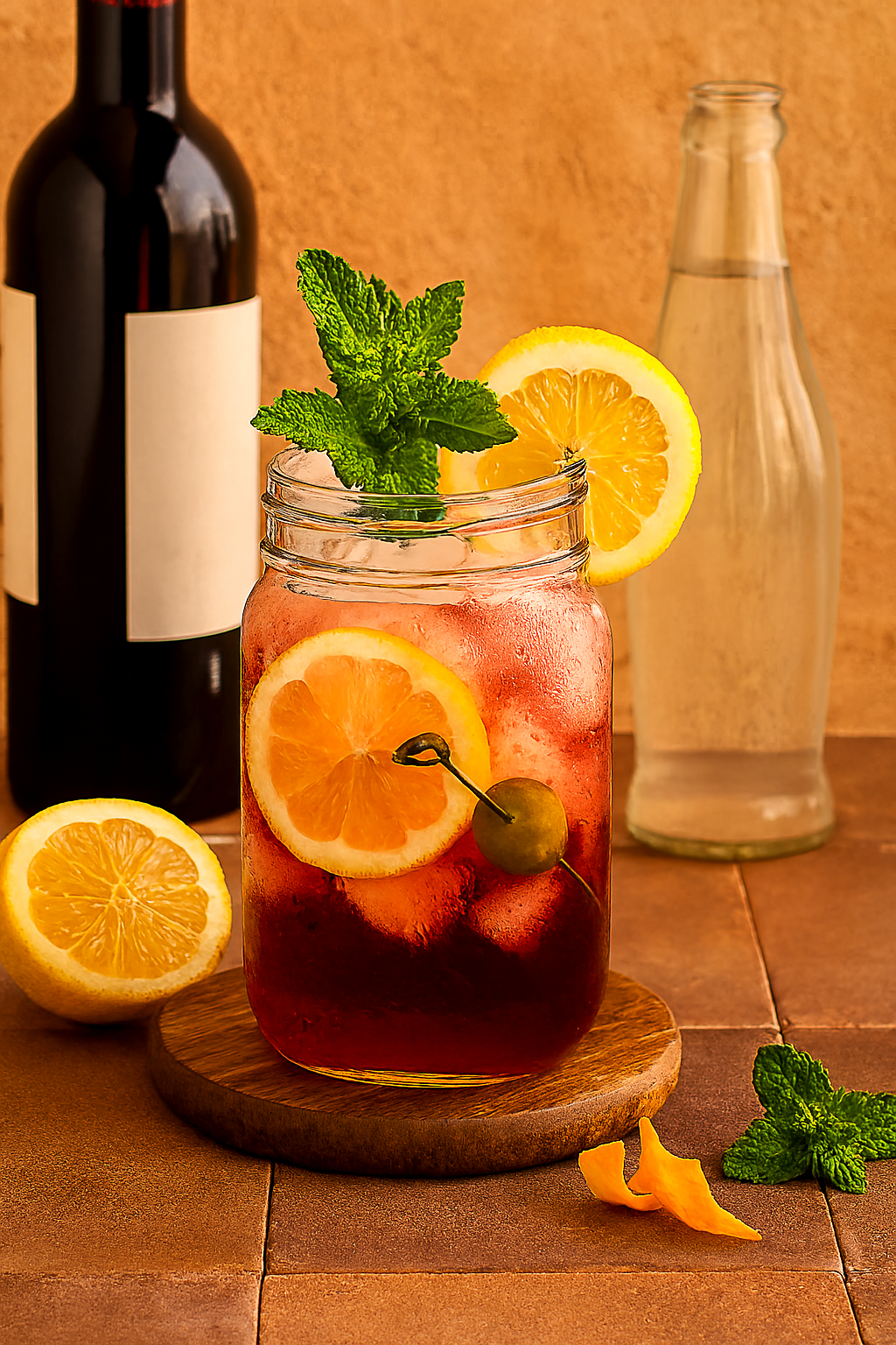 Ingredientes del Tinto de Verano: vino tinto, gaseosa, hielo y limón