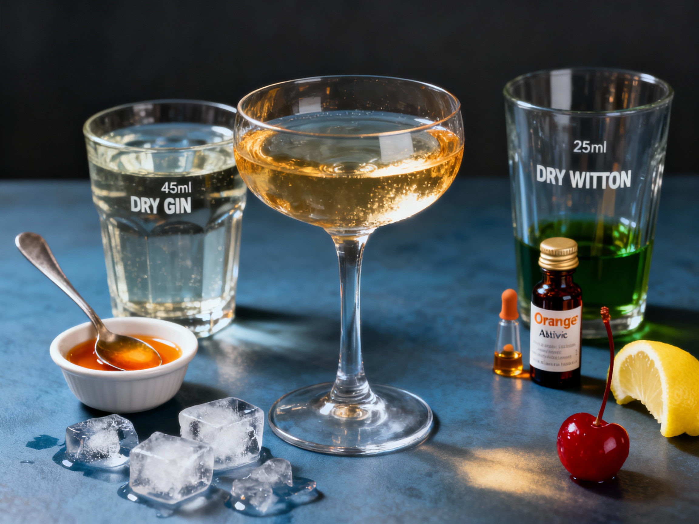 Ingredientes del Tuxedo No.2: ginebra, vermut, absenta y licor de naranja