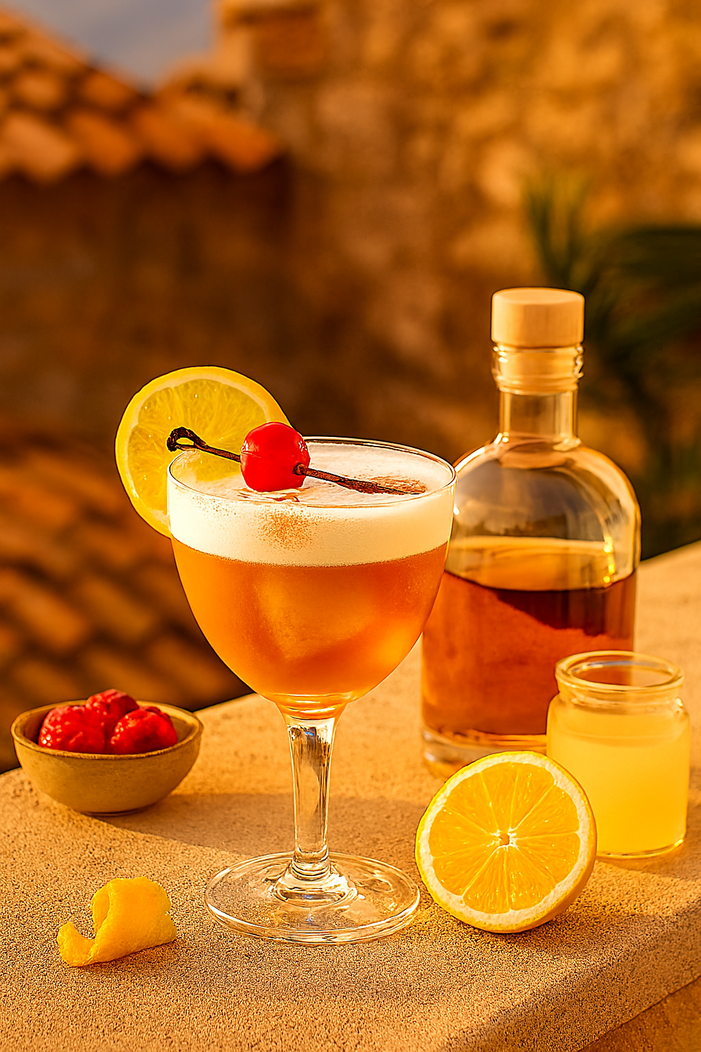 Ingredientes del Whisky Sour: whisky, limón, azúcar y clara de huevo