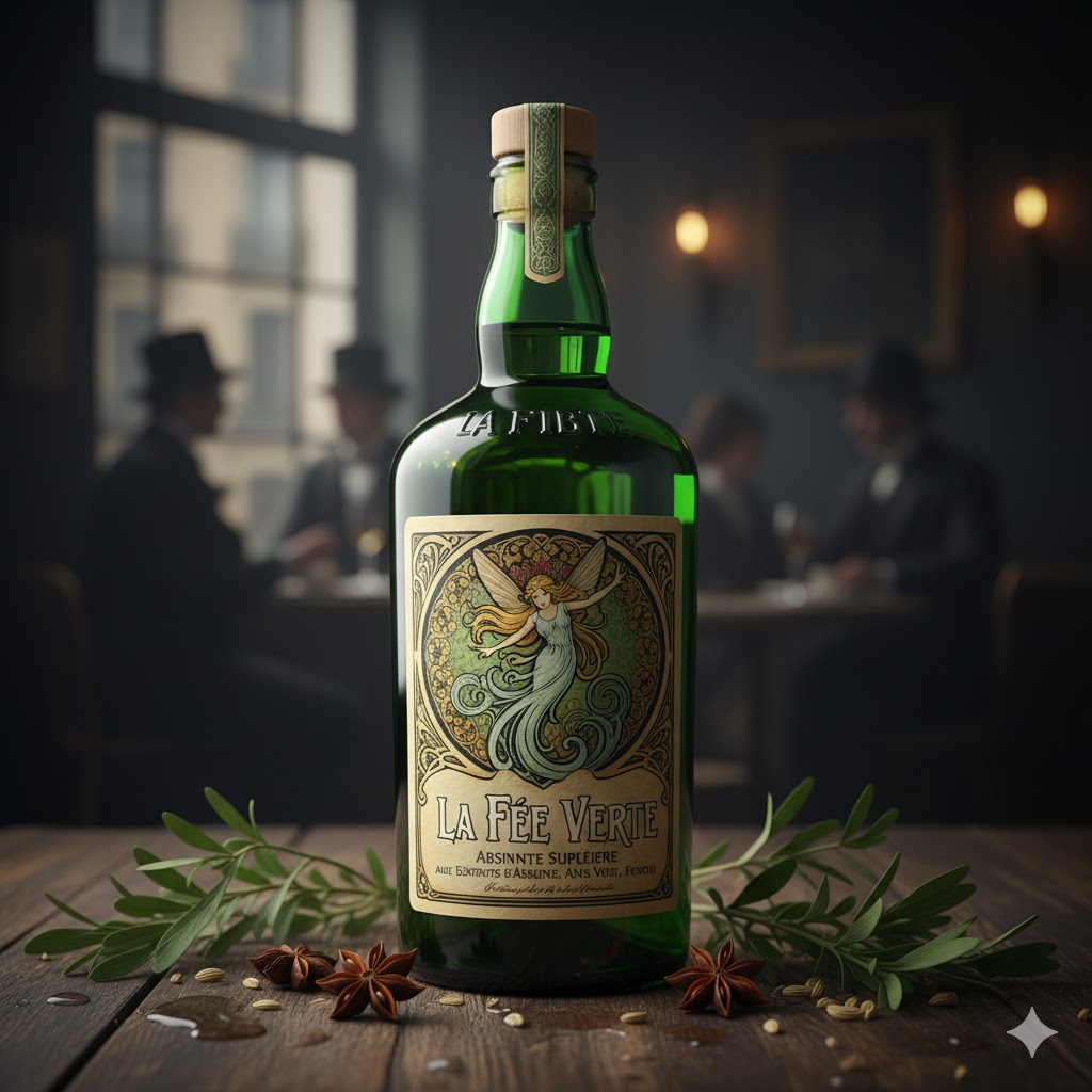 Botella tradicional de absenta con diseño clásico