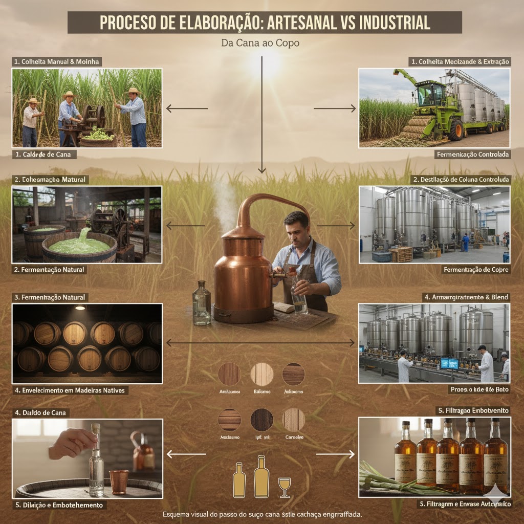 Proceso de elaboración de cachaça: molienda, fermentación y destilación