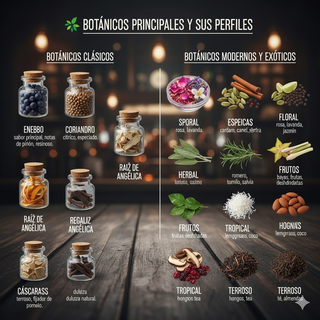 Botánicos usados en ginebra: enebro, cítricos, especias y hierbas