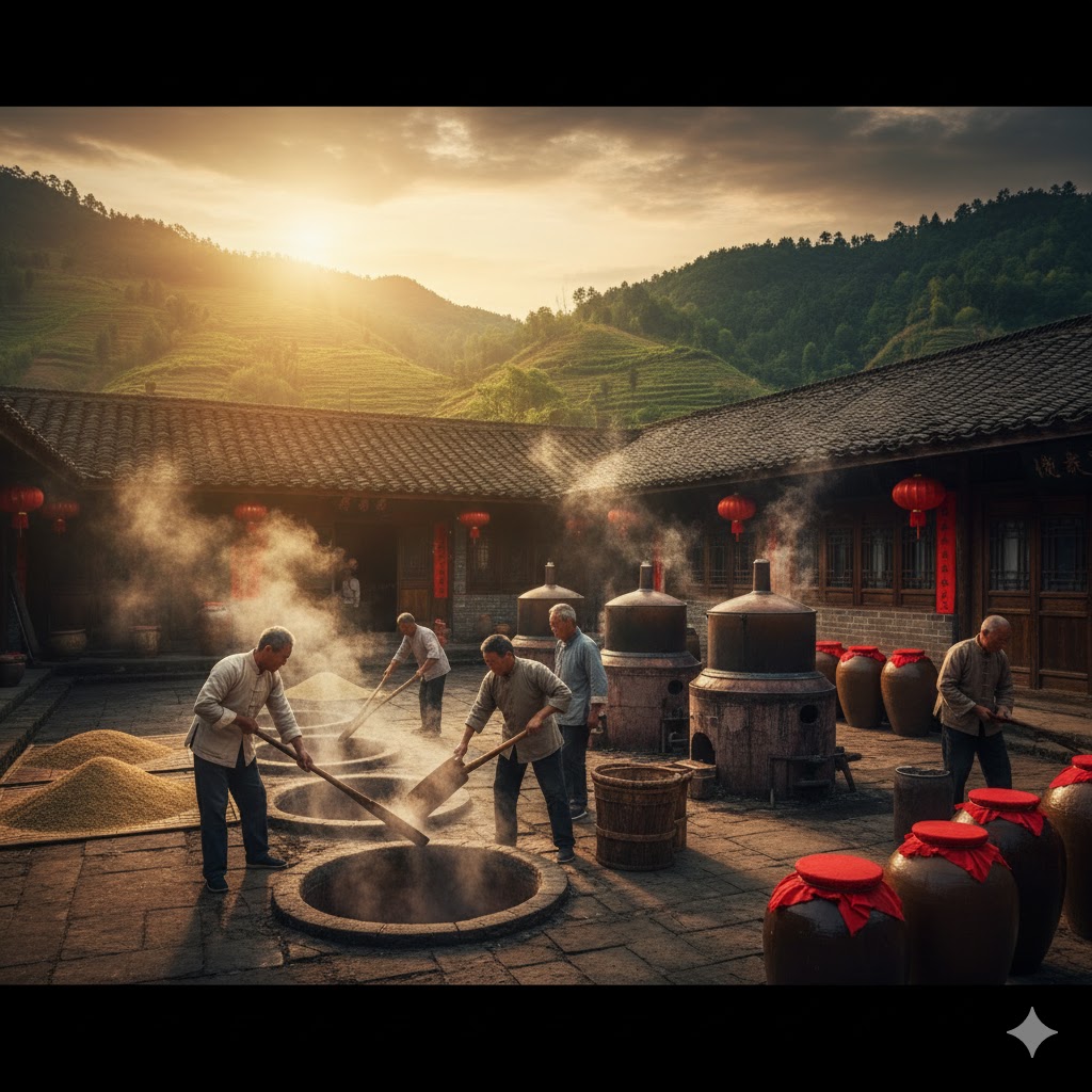 Producción artesanal de baijiu en China
