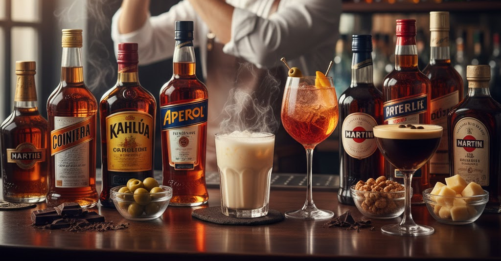 Variedad de licores y aperitivos en una barra de bar