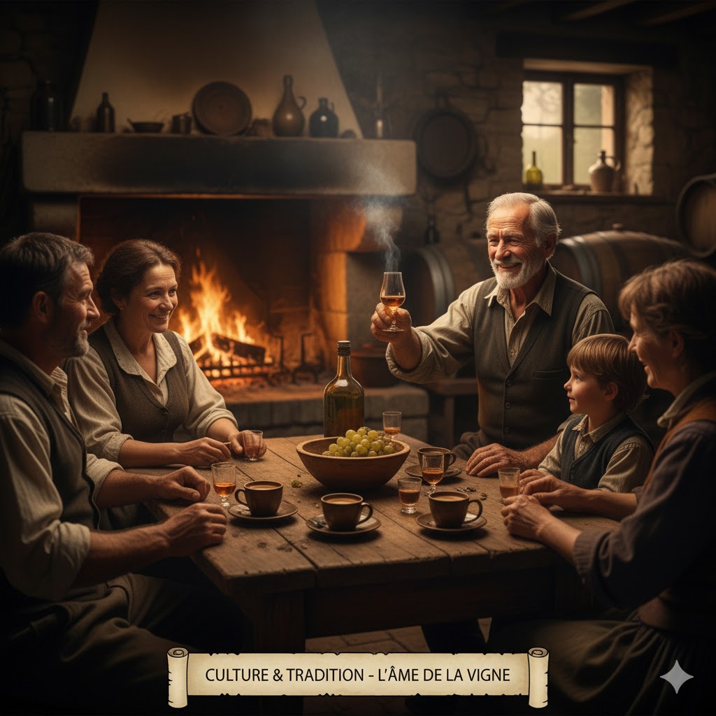 Viñador compartiendo una copa de Marc en una bodega rural francesa