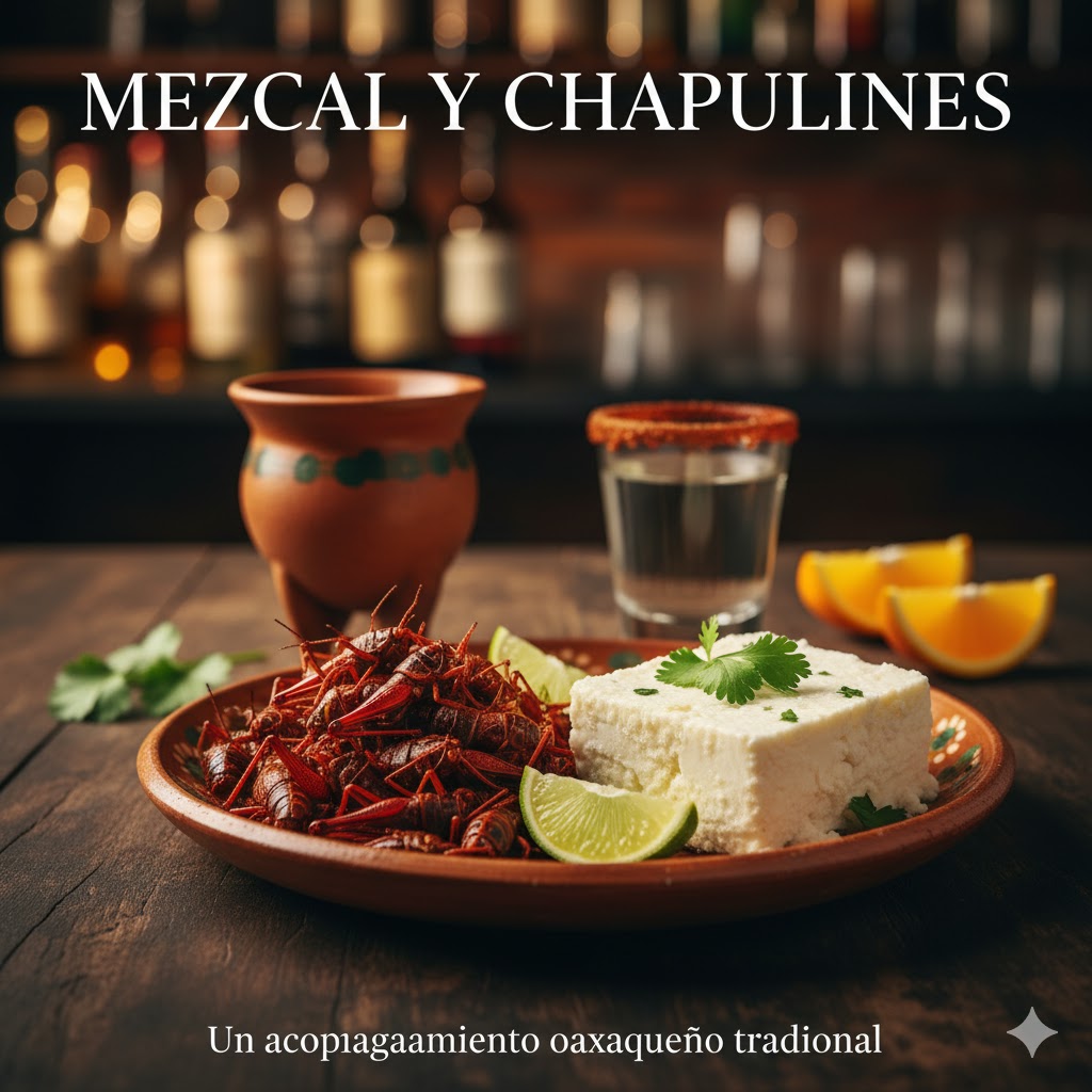 Plato oaxaqueño con chapulines y queso para acompañar mezcal