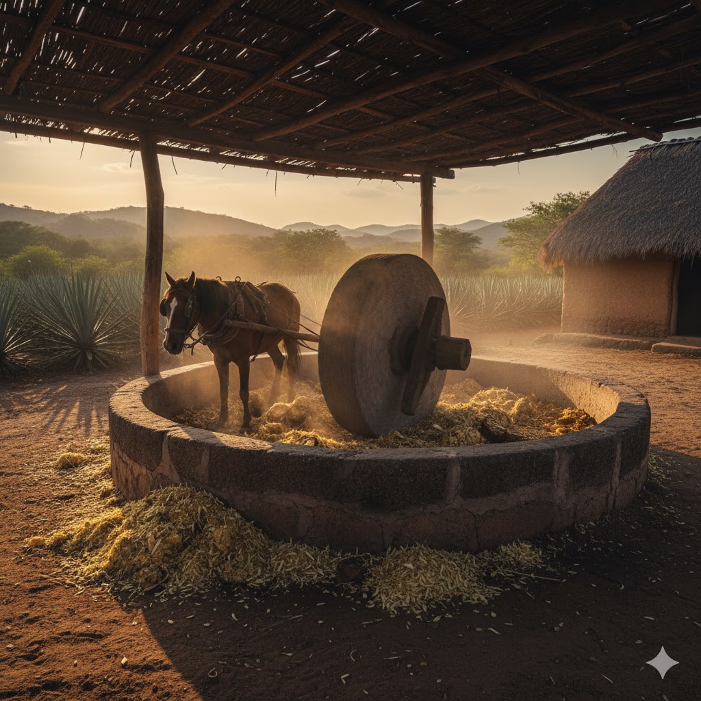 Tahona tirada por caballo para molienda de mezcal