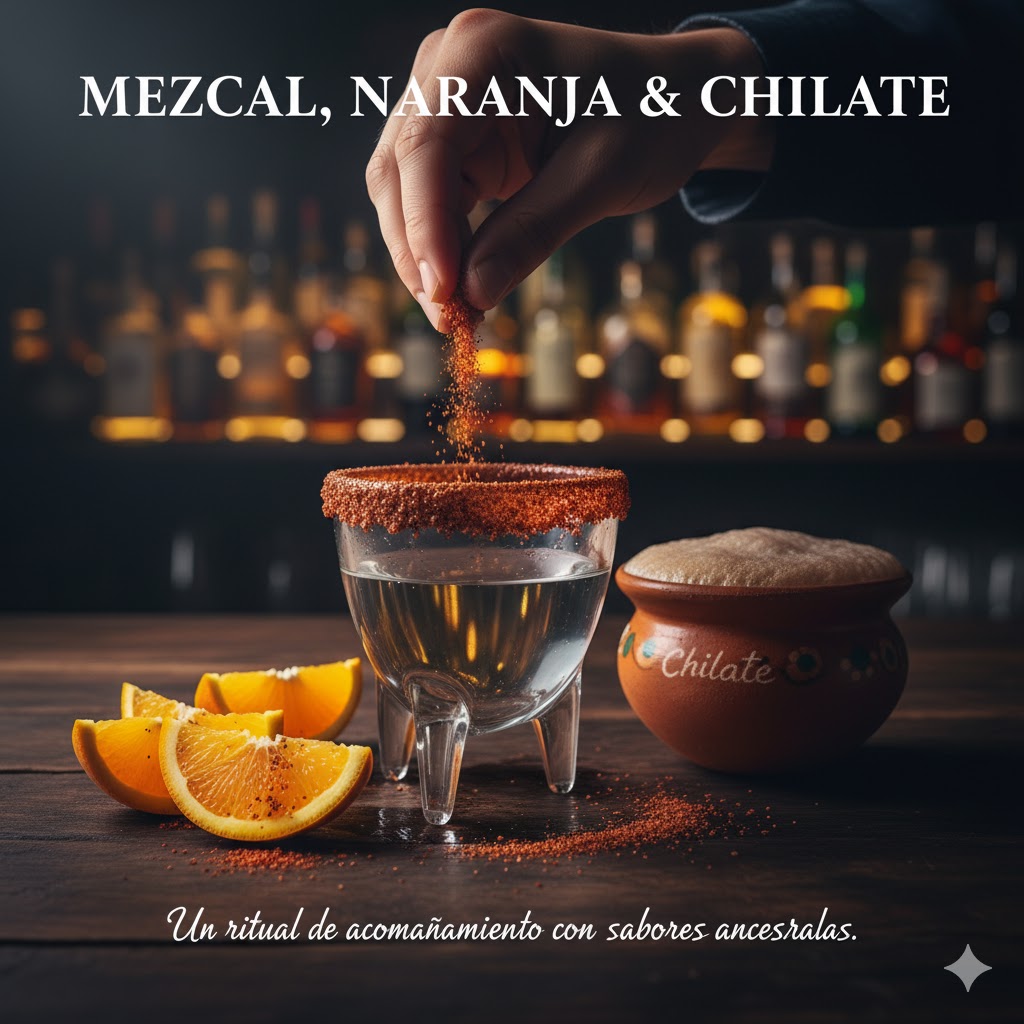 Mezcal con gajos de naranja y chile, más chilate