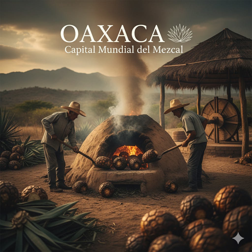 Pencas de maguey y horno de tierra en Oaxaca para mezcal