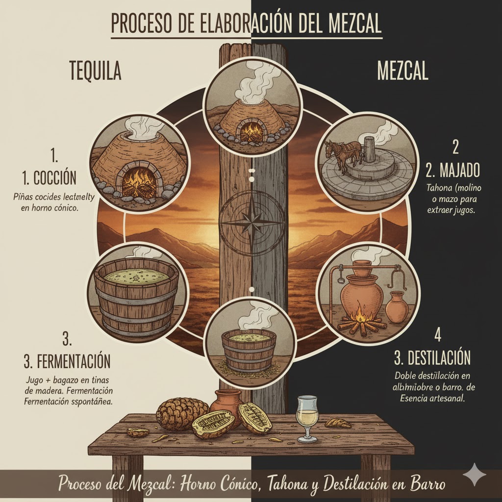 Proceso del mezcal: horno cónico, tahona y destilación en barro