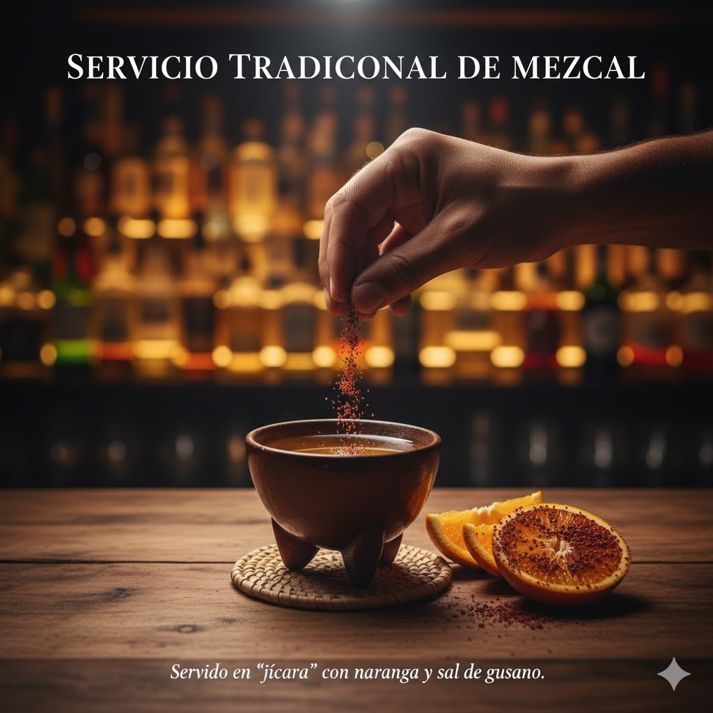 Mezcal servido en jícara con naranja y sal de gusano