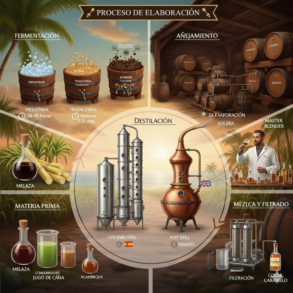 Proceso de elaboración del ron: caña, fermentación, destilación y añejamiento