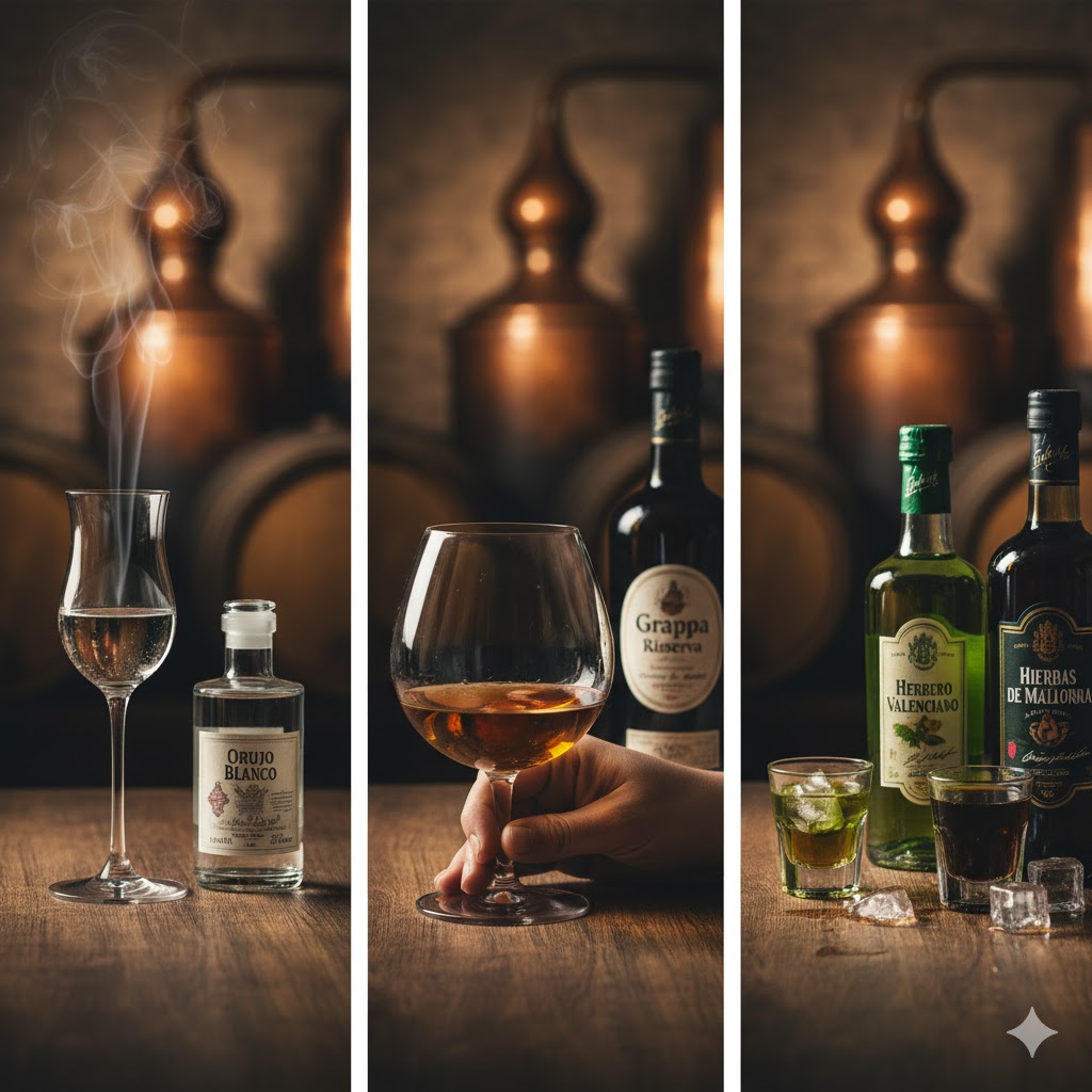 Diferentes copas y chupitos para servir aguardientes y orujos