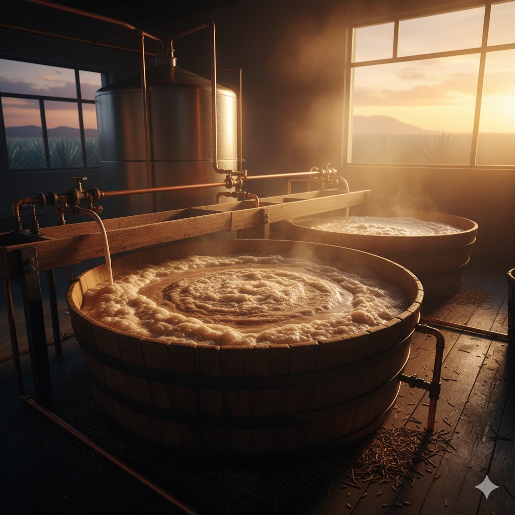 Tinas de fermentación de tequila en madera y acero