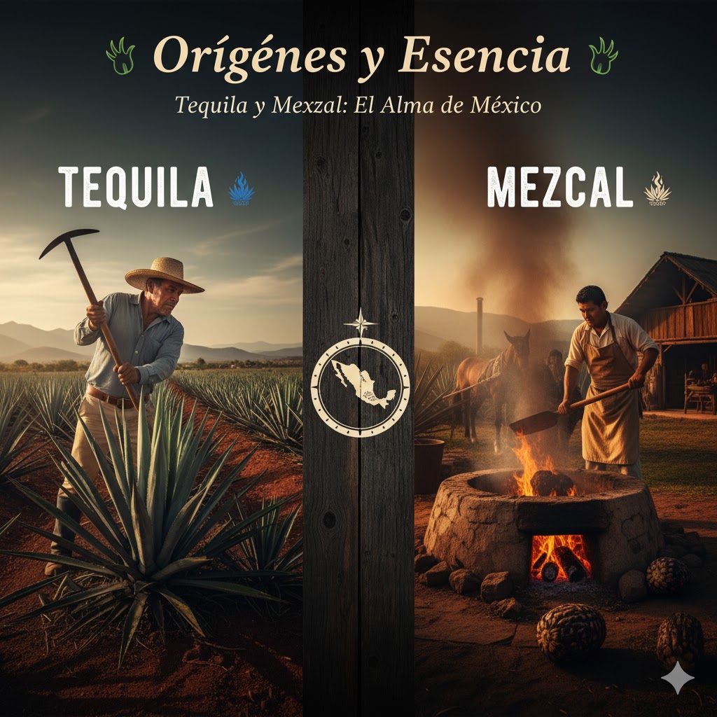 Jimador cortando agave para tequila y maestro mezcalero con horno de piedra