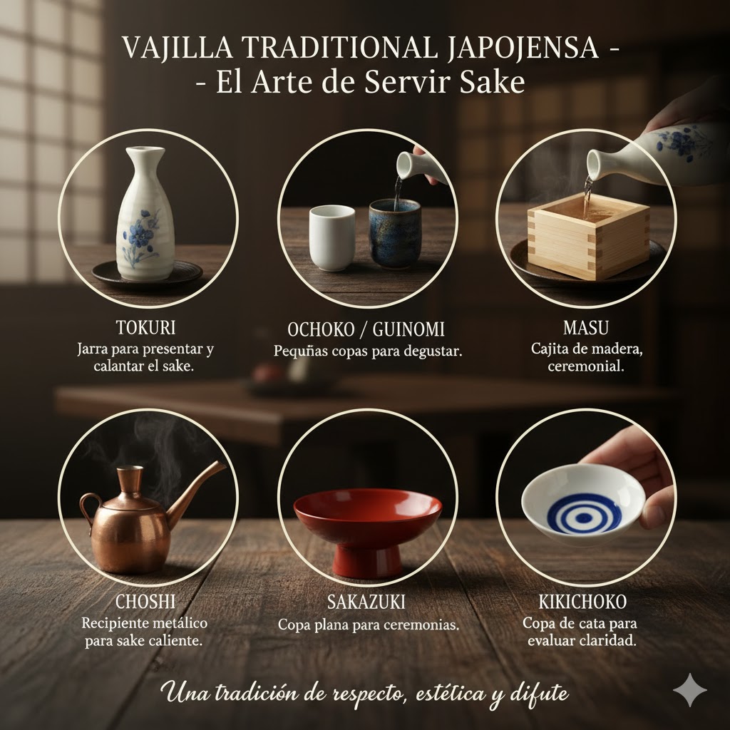 Vajilla tradicional japonesa para sake: tokkuri, ochoko y masu