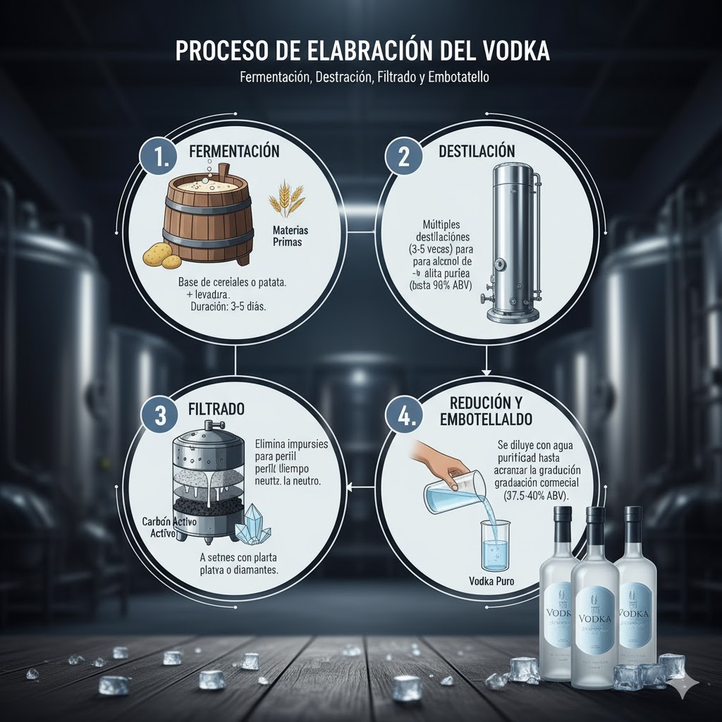 Proceso de elaboración del vodka: fermentación, destilación, filtrado y reducción