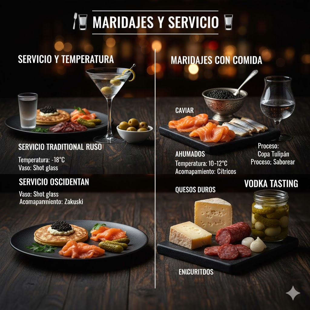 Servicio tradicional de vodka con aperitivos