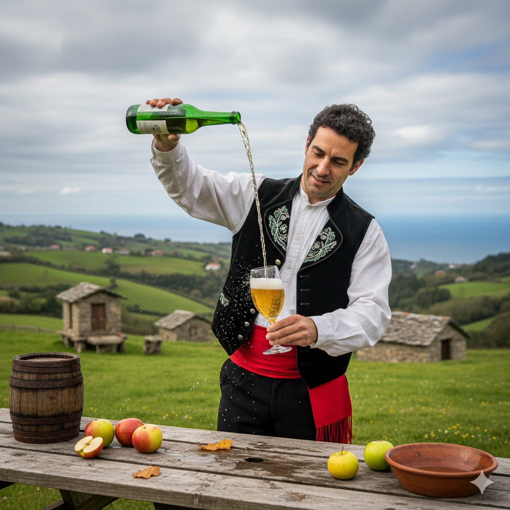 Escanciado tradicional de sidra asturiana