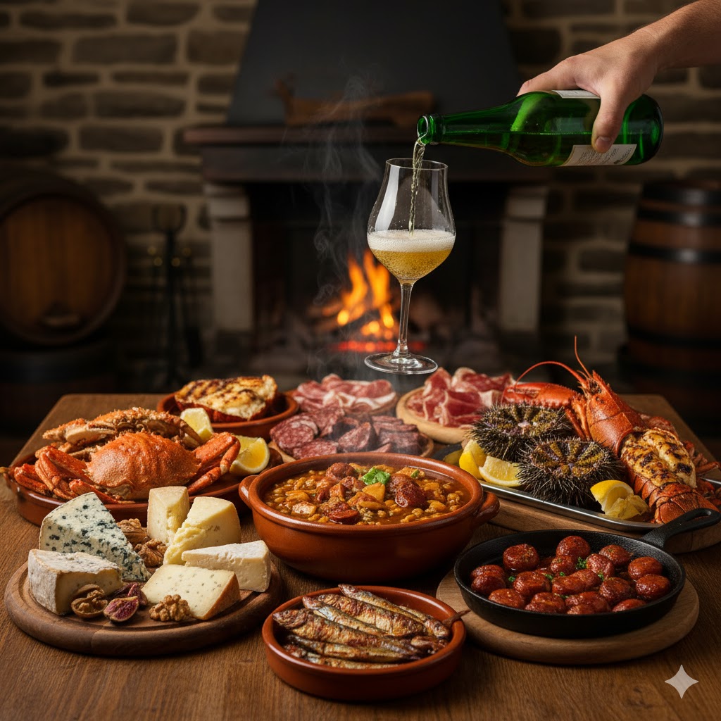 Sidra asturiana acompañando fabada, quesos y marisco