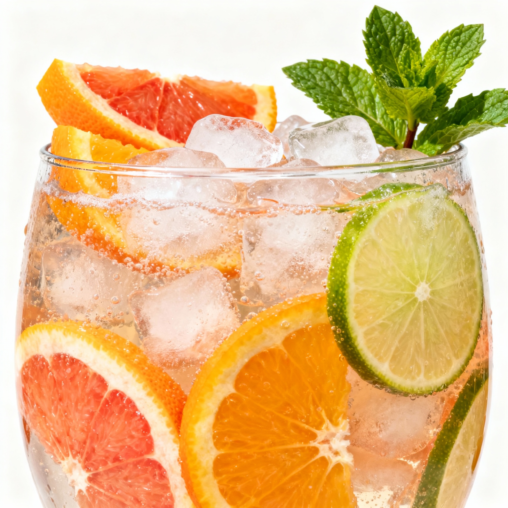 Citrus tonic sin alcohol con rodajas de cítricos frescos en copa grande