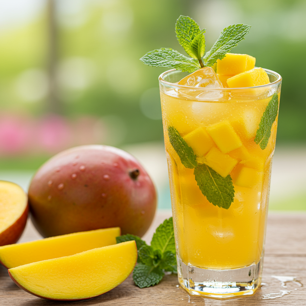 Mocktail de mango y menta con hielo y hojas frescas