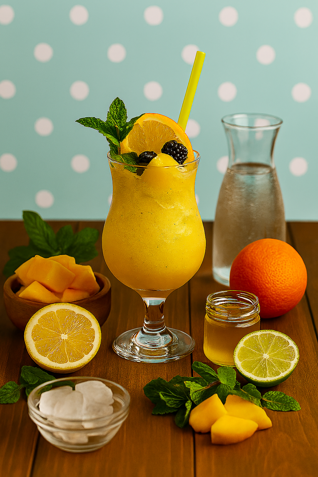 Mango, menta, limón, miel y hielo para mocktail refrescante