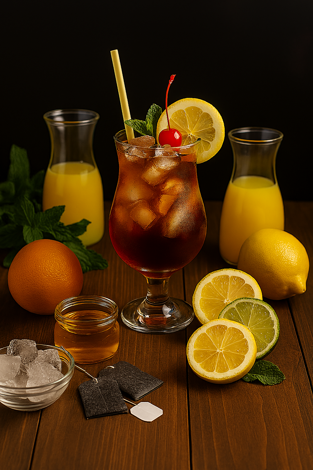 Ingredientes del mocktail de té helado cítrico: té negro, limón, naranja, miel y menta