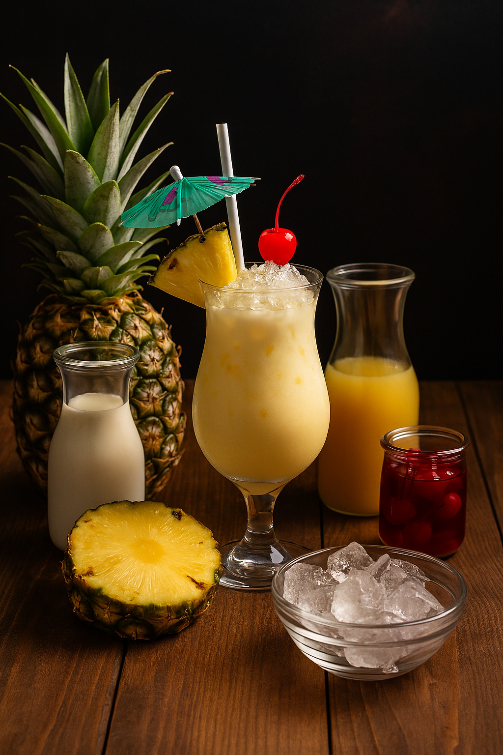 Ingredientes de la piña colada sin alcohol: piña, crema de coco, hielo y leche