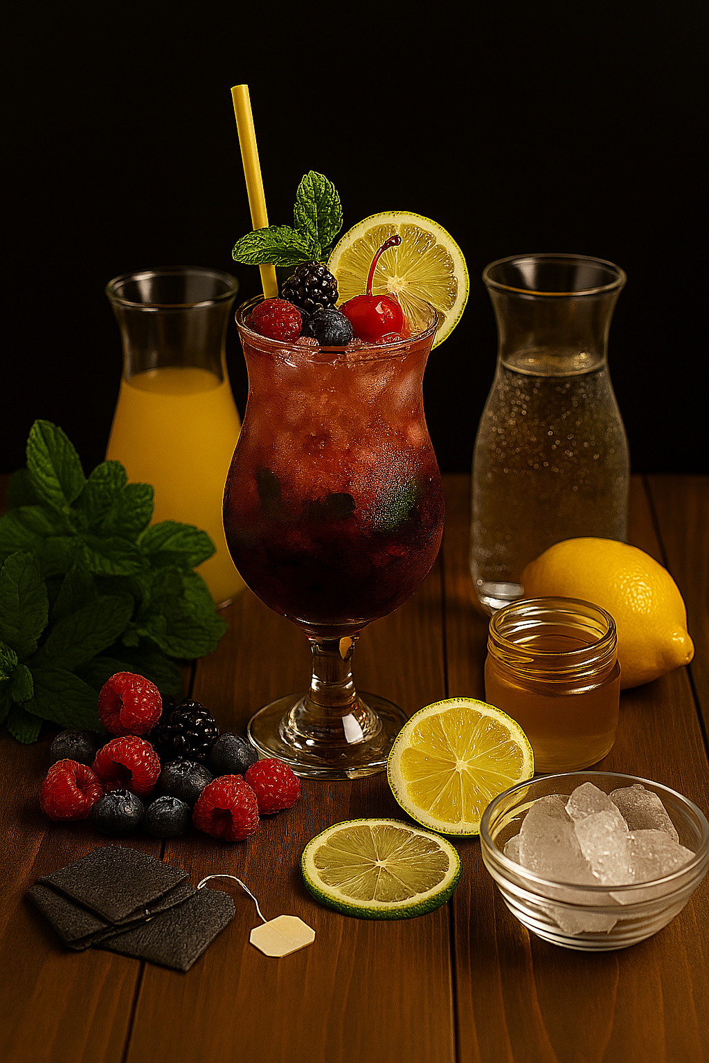 Frutos rojos, lima, sirope y agua con gas para Re Berry Cooler