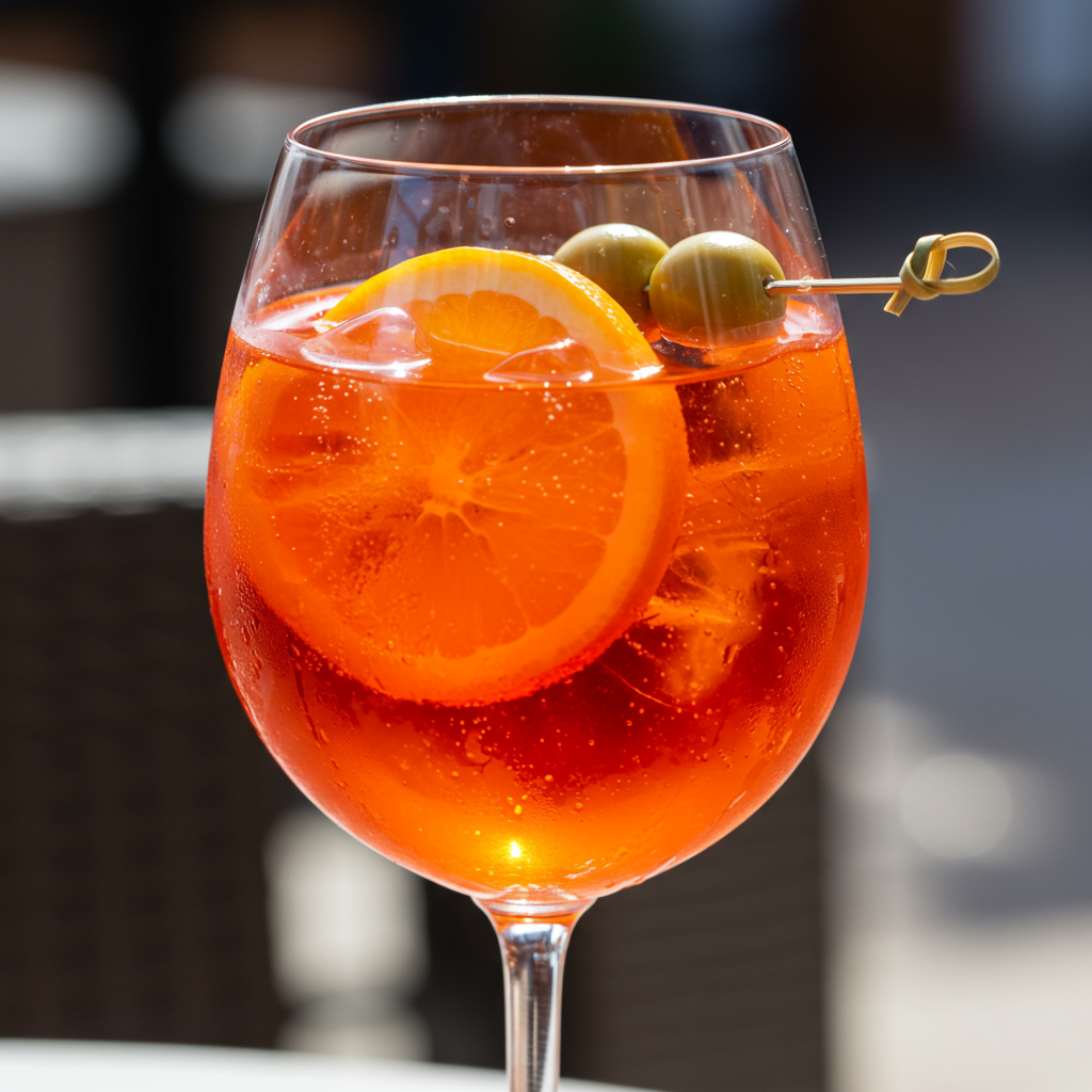 Spritz sin alcohol en copa grande con rodaja de naranja y romero
