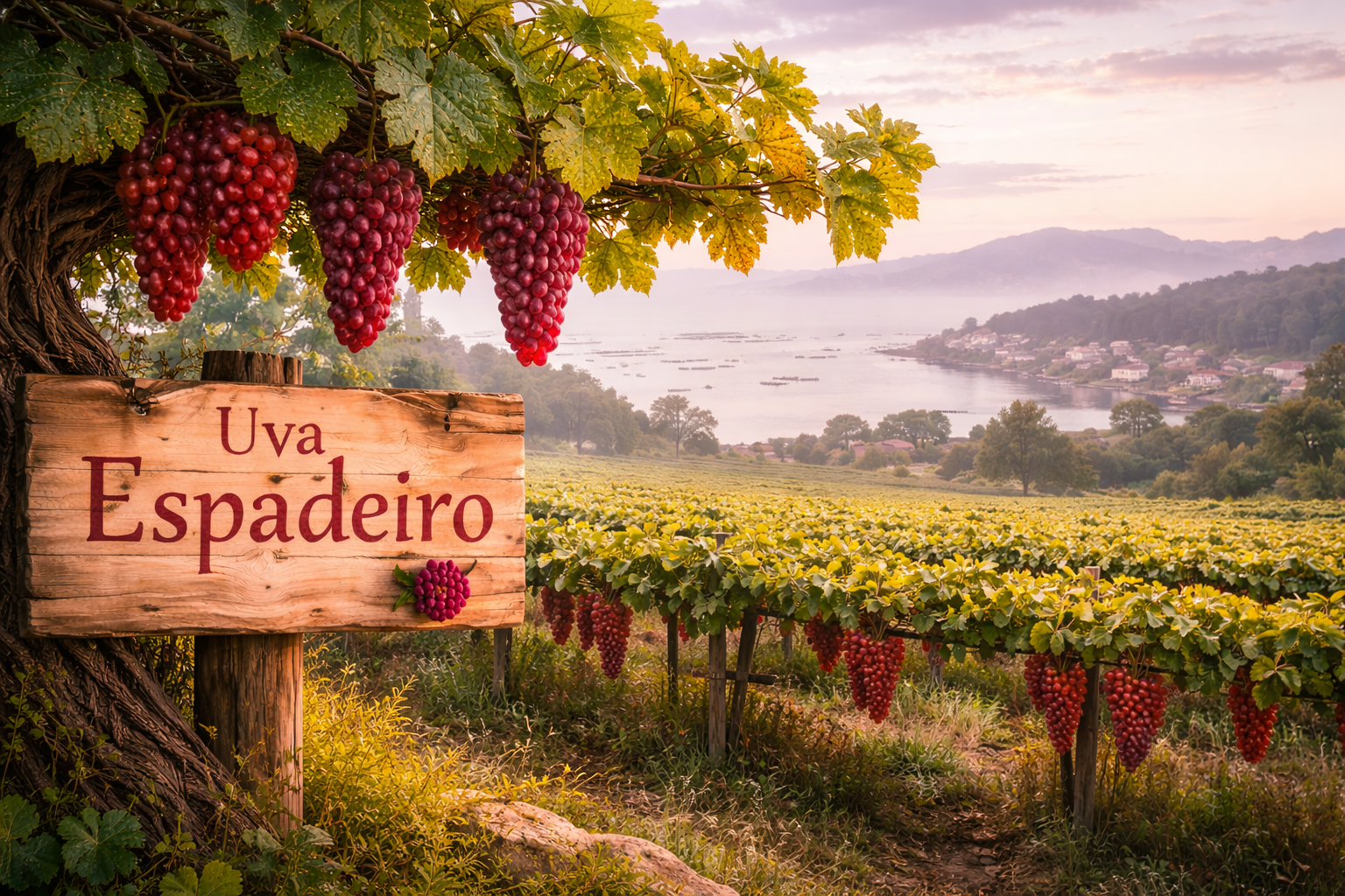 Viñedos de Espadeiro en laderas gallegas con Atlántico al fondo