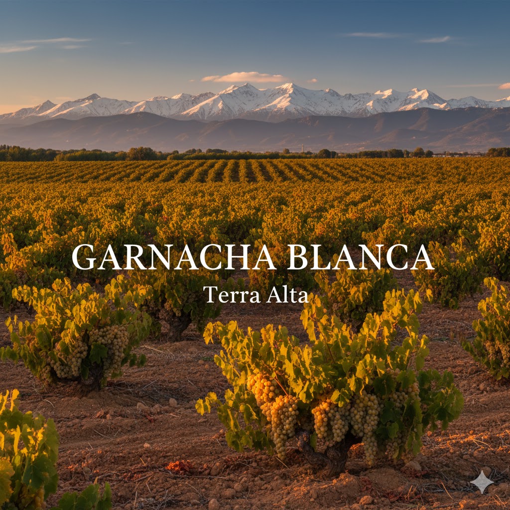 Viñedos de Garnacha Blanca en Terra Alta con Pirineos nevados horizonte