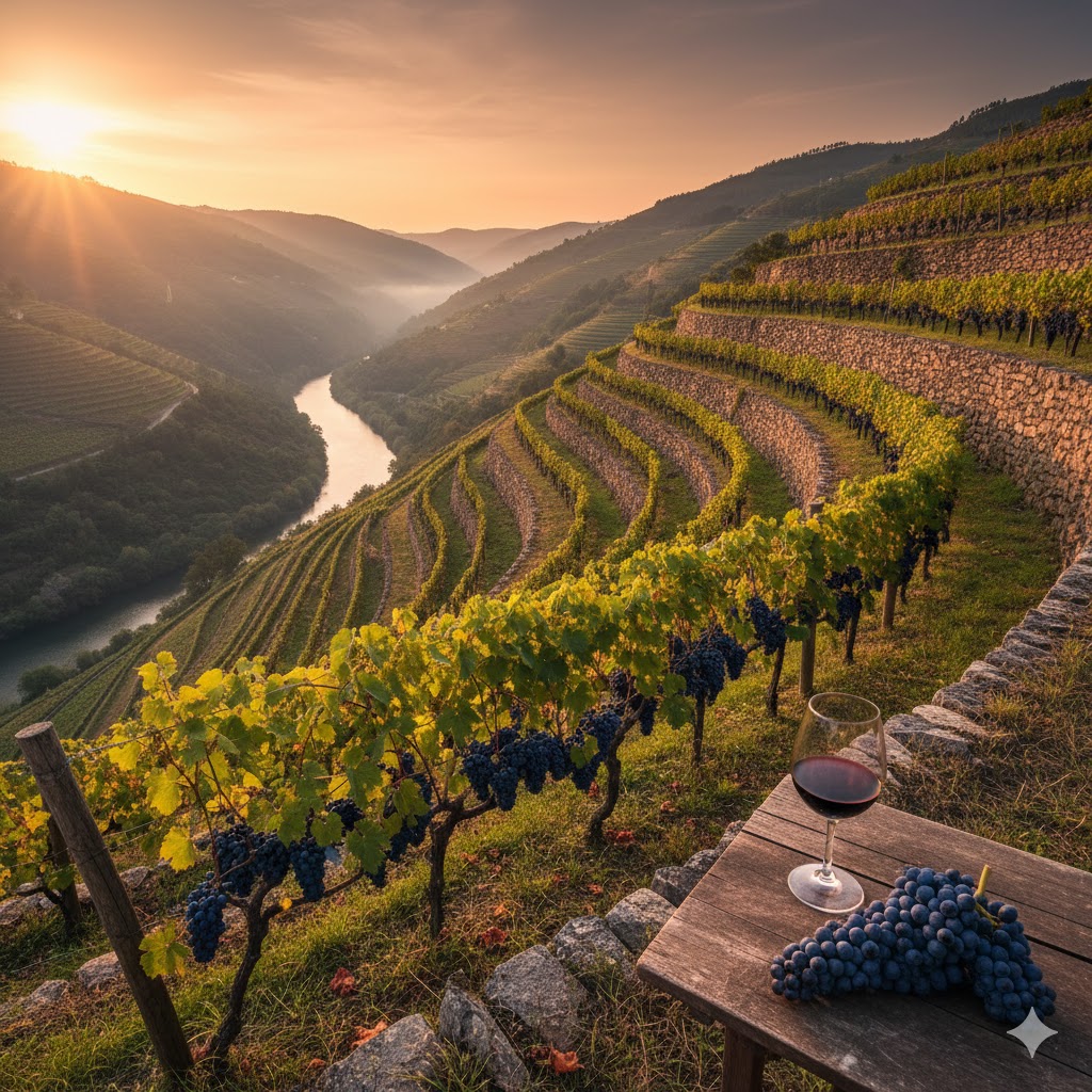 Viñedo de Caíño Longo en pendiente con vistas a río gallego