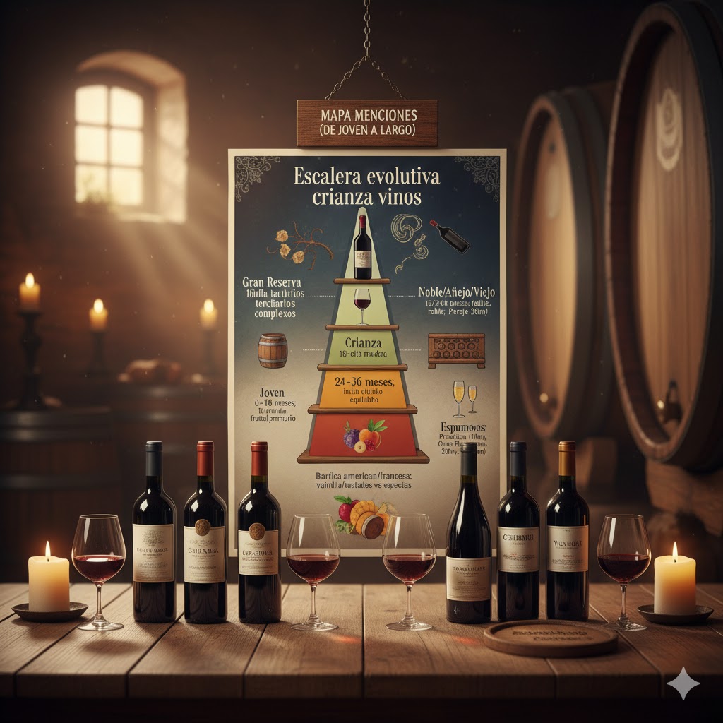 Clasificación vinos por crianza: Joven a Gran Reserva, barrica/botella y evolución sensorial