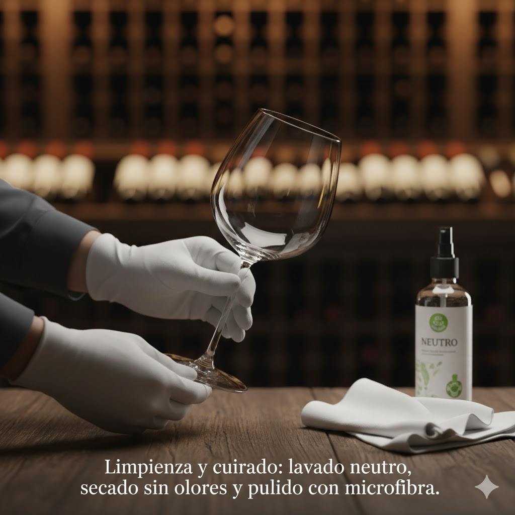 Limpieza y cuidado de copas de vino: lavado neutro, secado sin olores y pulido con microfibra