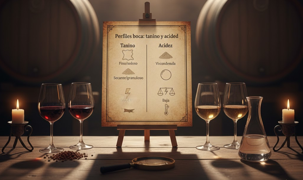 Taninos y acidez vinos: estructura química piel/roble/ácidos y equilibrio boca
