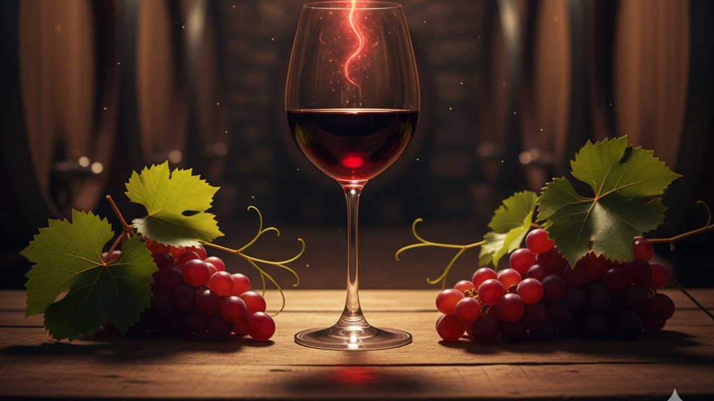 Vino y salud: copa de vino tinto con elementos cardiovasculares (corazón, uvas, polifenoles)