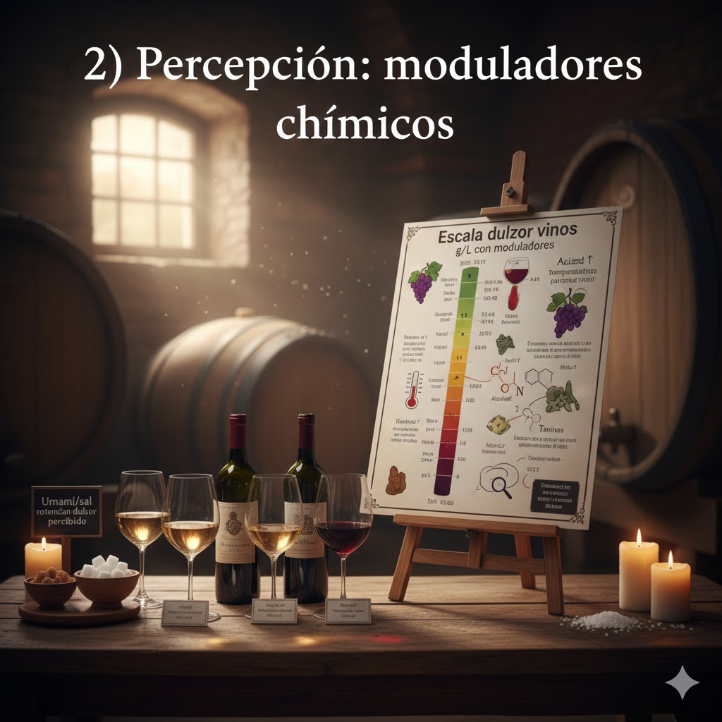 Escala dulzor vinos: seco a dulce con métodos botrytis/hielo/fortificados