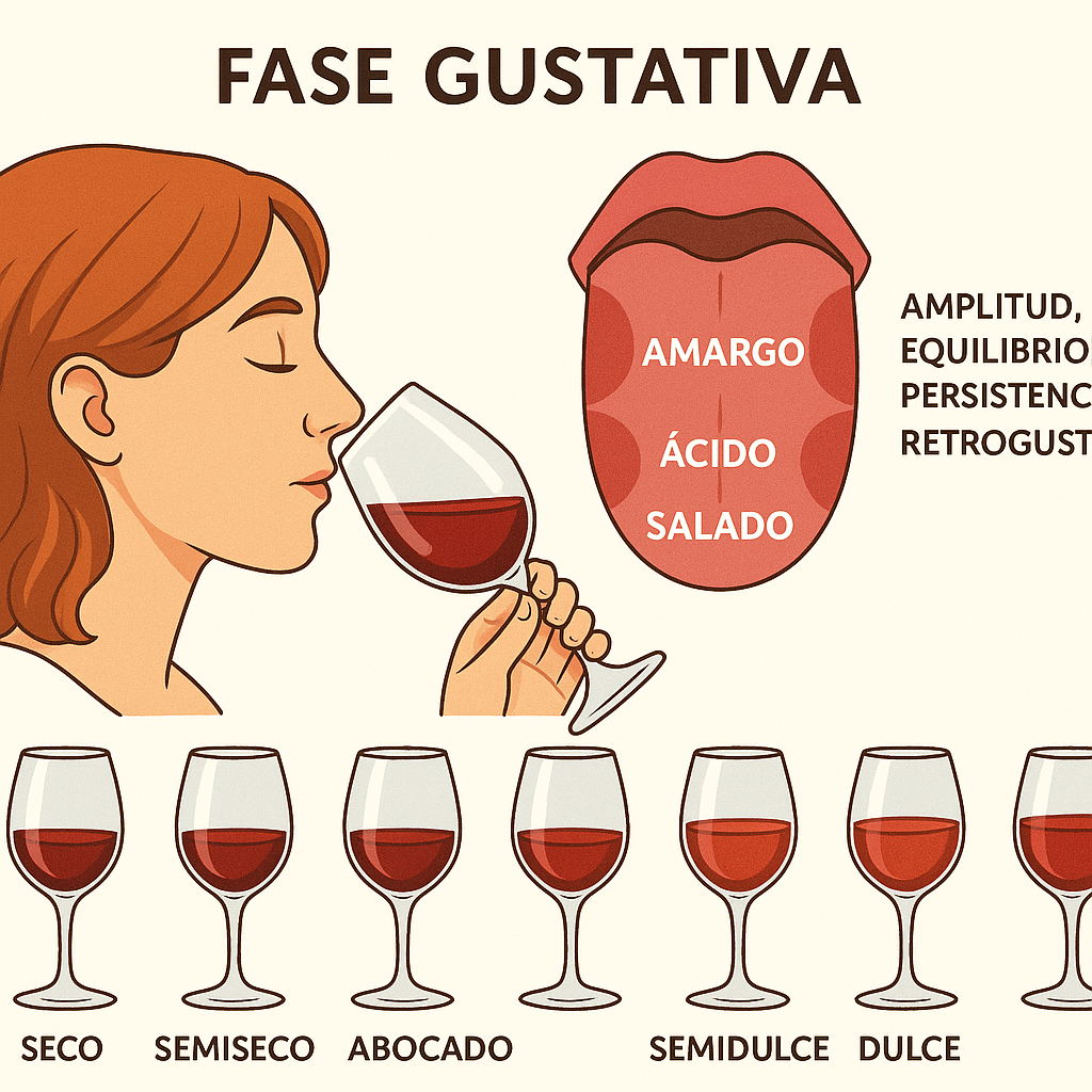Fase gustativa de la cata de vinos: ataque, evolución y final