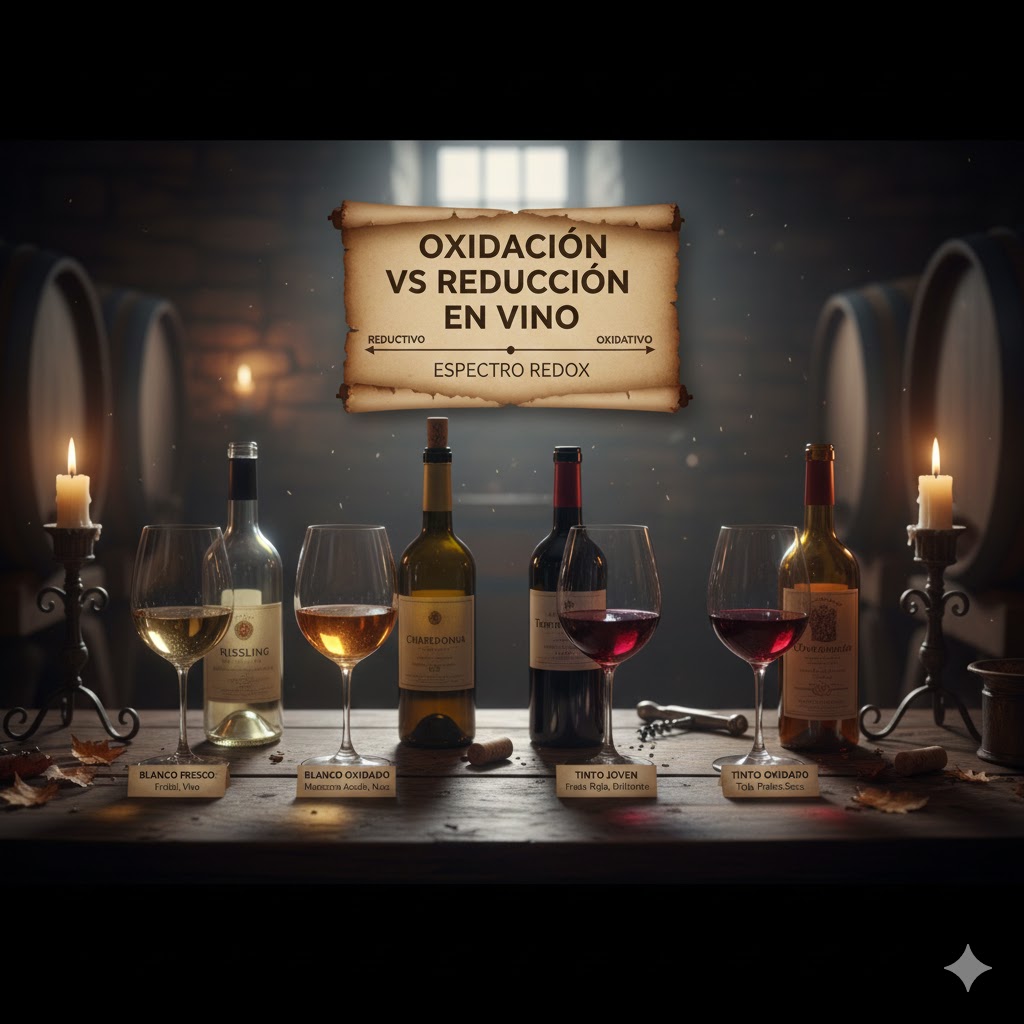 Evolución visual oxidación: blanco normal vs ámbar oxidado, tinto rubí vs teja