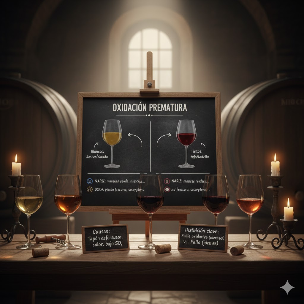 Evolución visual de la oxidación: blanco normal vs oxidado (ámbar), tinto normal vs teja