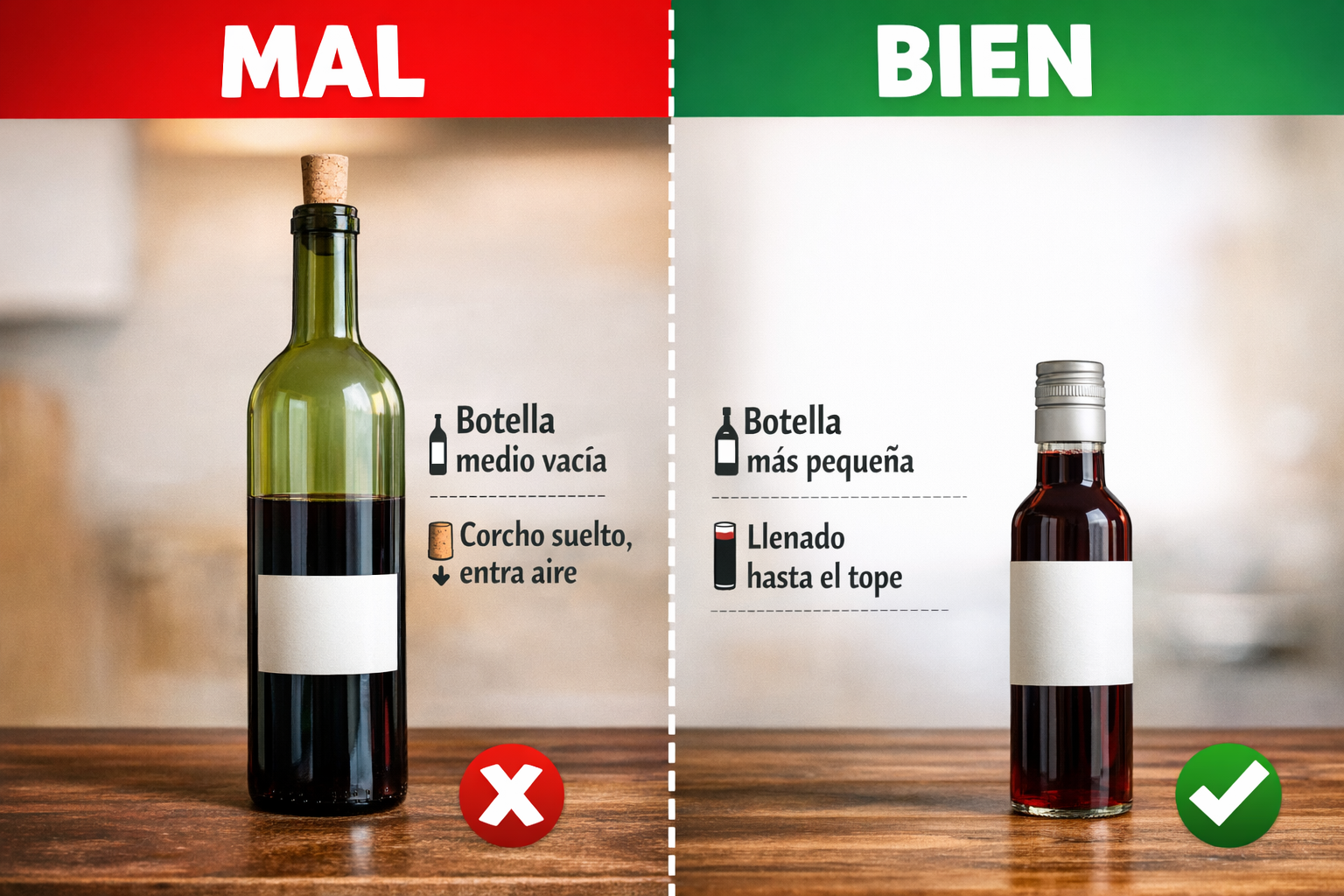 Comparativa de servicio de vino: cantidad incorrecta frente a cantidad correcta por debajo del punto más ancho del cáliz