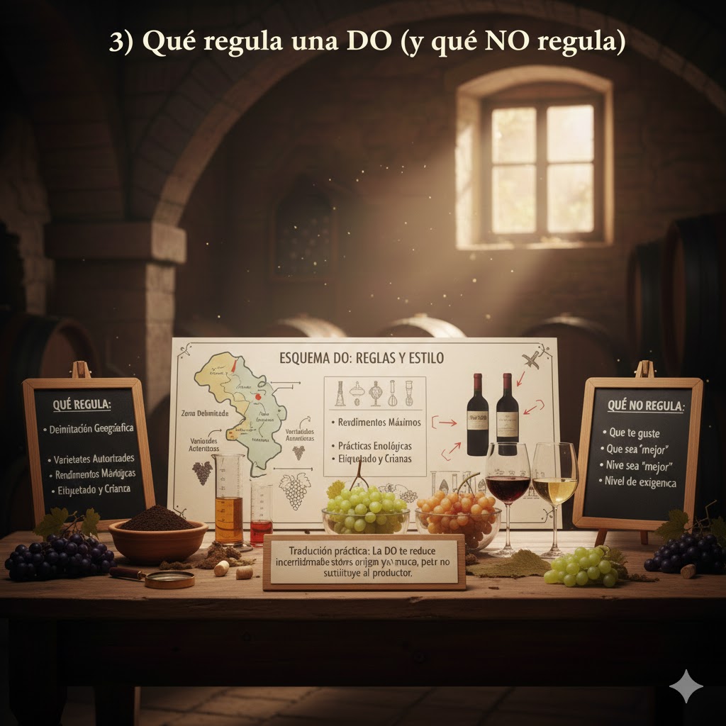 Esquema de denominación de origen: zona delimitada, variedades autorizadas y reglas de producción que orientan el estilo