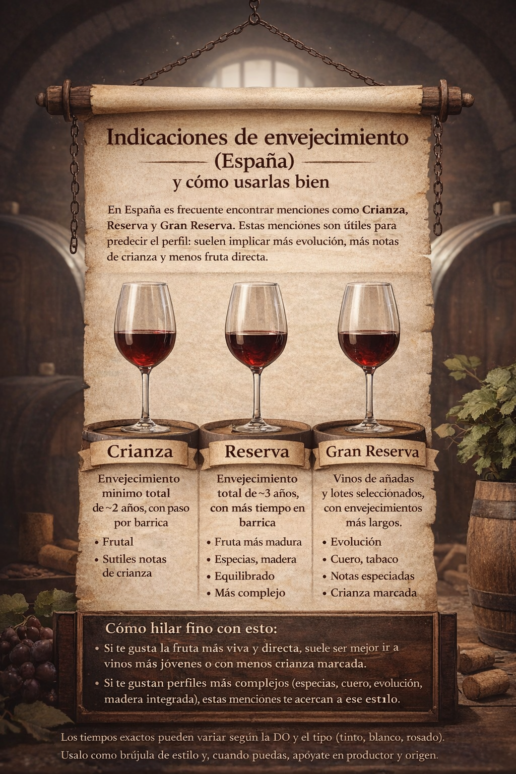 Infografía: diferencias generales entre Crianza, Reserva y Gran Reserva y su estilo en copa