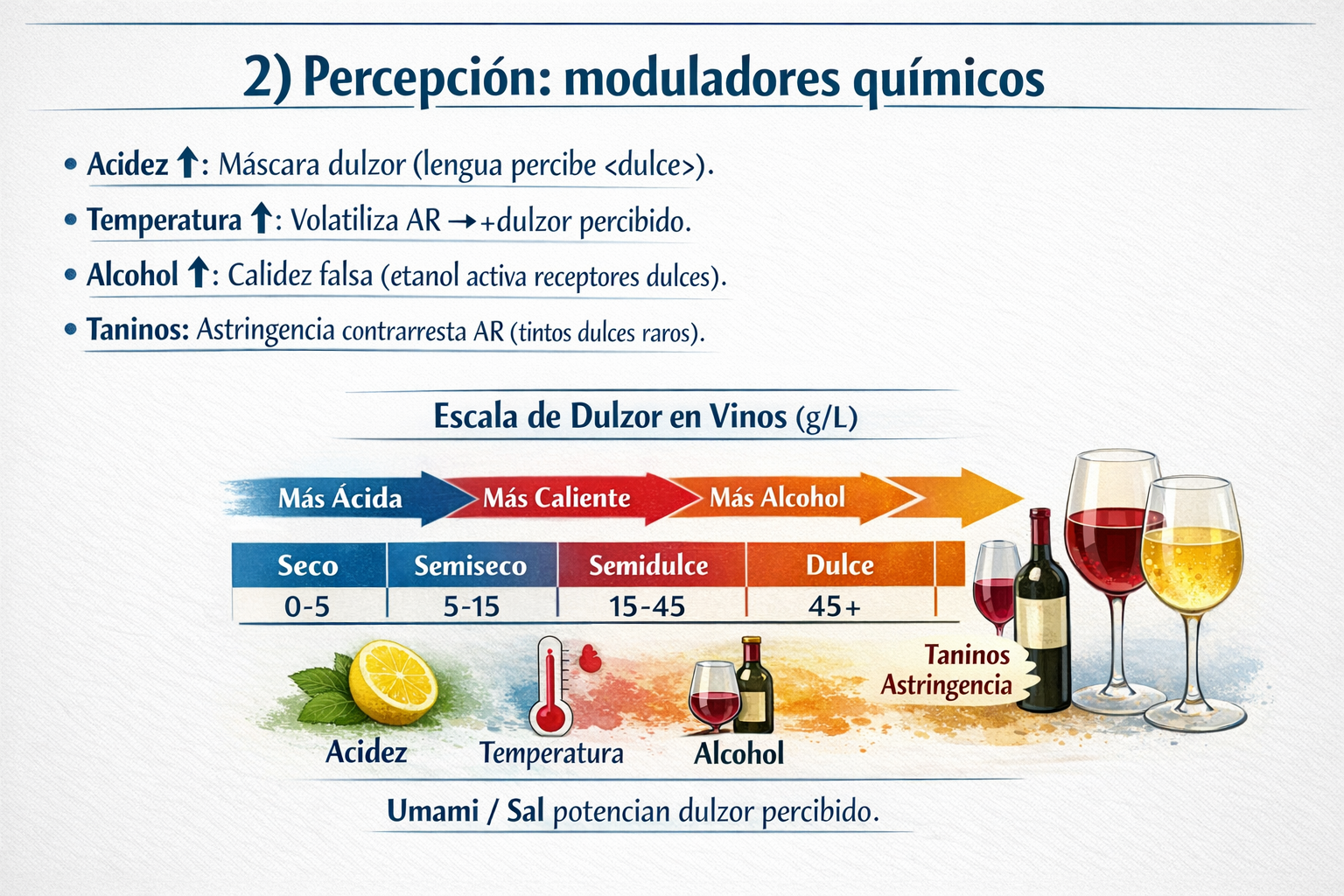 Escala dulzor vinos g/L con moduladores acidez/temperatura/alcohol